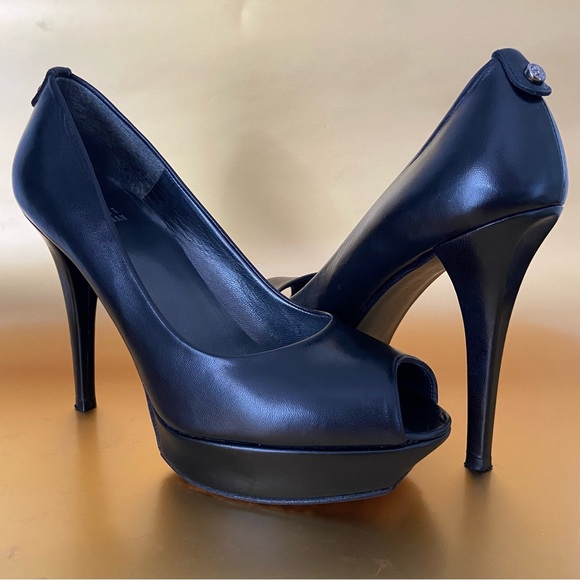 Stuart Weitzman Shoes - Stuart Weitzman Leather Platform Heels Peep Toe Black
